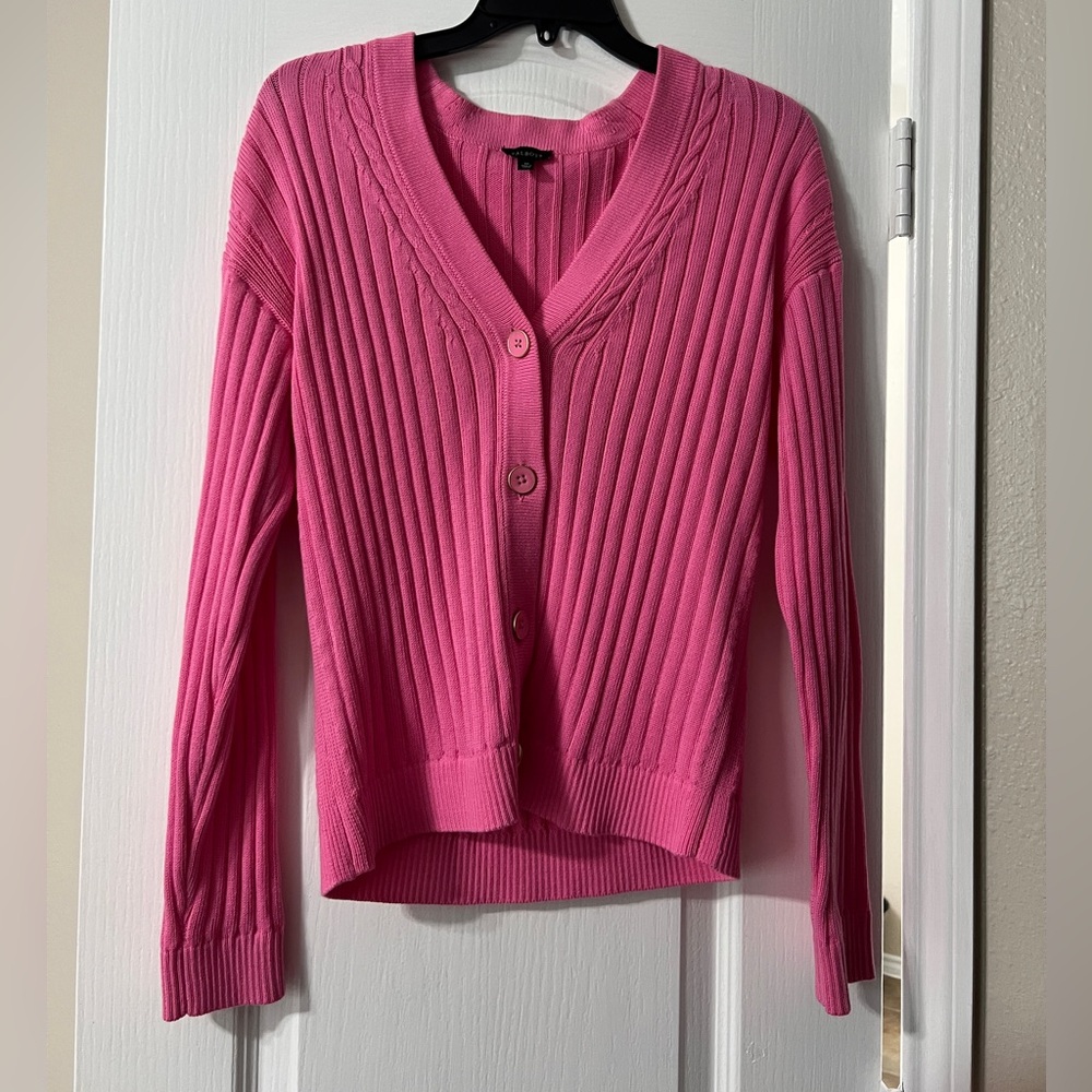 Talbots Hot Pink Ribbed V-Neck Button Cardigan - Picture 3 of 8